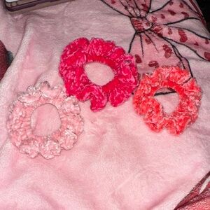 Velour Light Pink, Dark Pink and Coral Crocheted Scrunchies Set